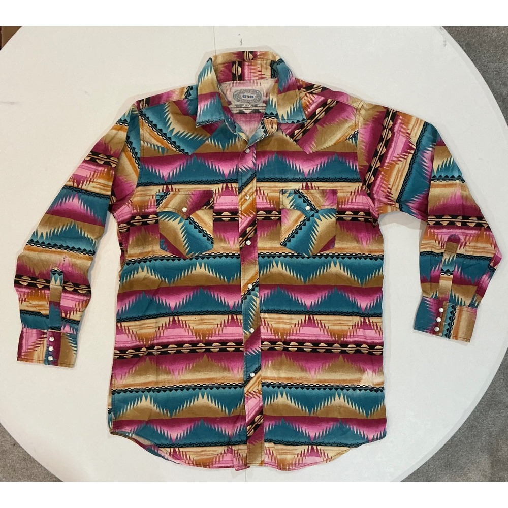 VTG 80s‎ ATB Western Wear Shirt SW Aztec Geometric Mens 16.5/34 L Pearl Snap